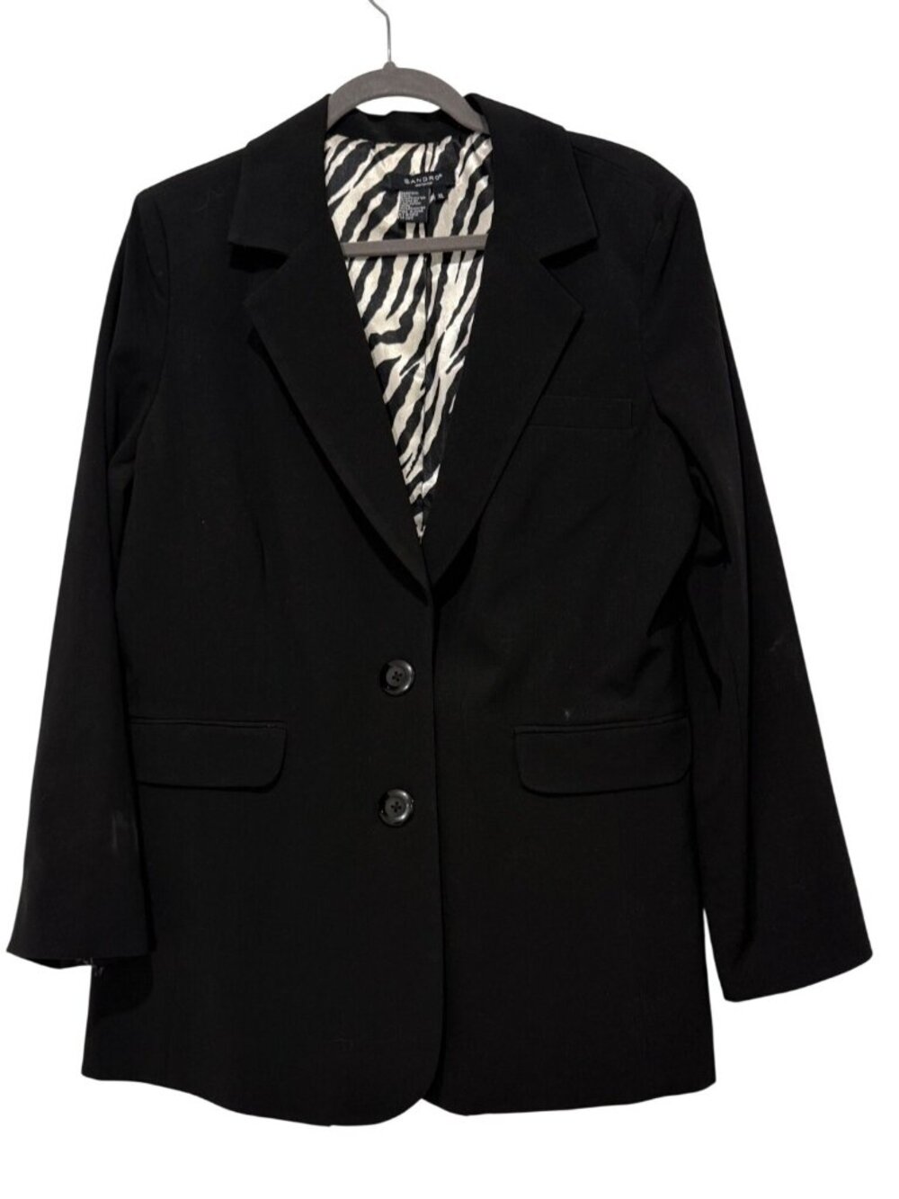 Sandro Black Blazer Zebra Print Lining Button Front NWT Womens  Size XL